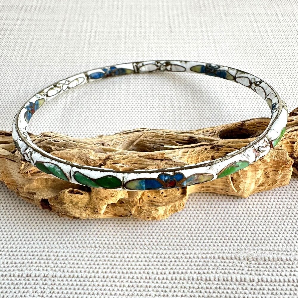 Vintage Cloisonne Bangle White With Floral Design 7.5"